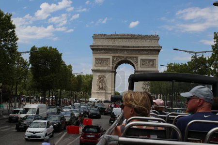 Photo for Paris France July 12, 2023Tourist riding on a double decker bus taking sightseeing famous landmarks around the city. - Royalty Free Image