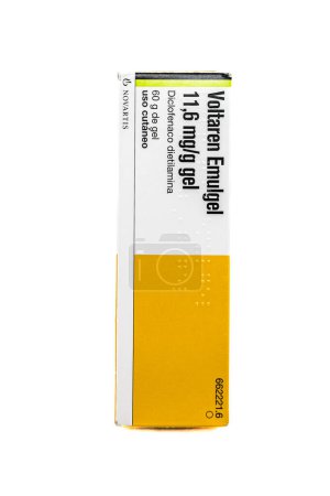 Photo for Box of Voltaren Emulgel anti-inflammatory cream for traumas and bruises in gel format isolated on white background. - Royalty Free Image