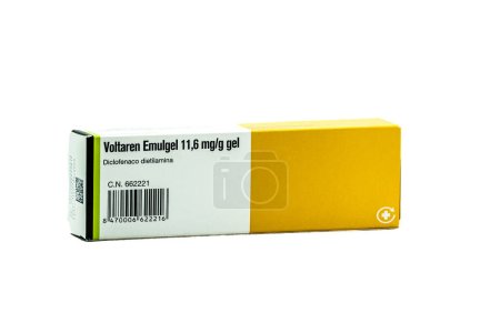 Photo for Box of Voltaren Emulgel anti-inflammatory cream for traumas and bruises in gel format isolated on white background. - Royalty Free Image