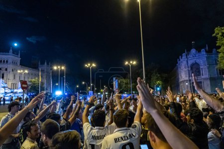Photo for Madrid, Spain. May 7, 2023. Night celebration in cibeles square of real madrid soccer team fans after winning the king's cup of spain. - Royalty Free Image