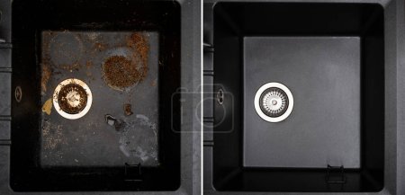 House cleaning service granite kitchen sink black with leftover bits of food before - after washing.