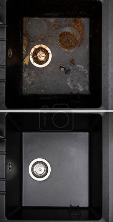 Foto de House cleaning service granite kitchen sink black with leftover bits of food before - after washing. - Imagen libre de derechos