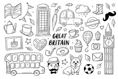 Foto de Conjunto de monocromo dibujado Londres y Gran Bretaña garabatos, clipart, pegatinas, etc.. Bueno para colorear páginas, carteles, impresiones, tarjetas, etc. EPS 10 - Imagen libre de derechos