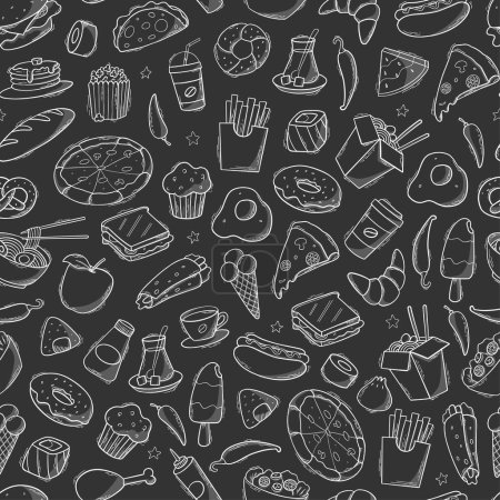 Illustration for Fast food seamless pattern with doodles and hand drawn elements on blackboard background. Wallpaper, scrapbooking, stationary, wrapping paper, textile prints design. EPS 10 - Royalty Free Image