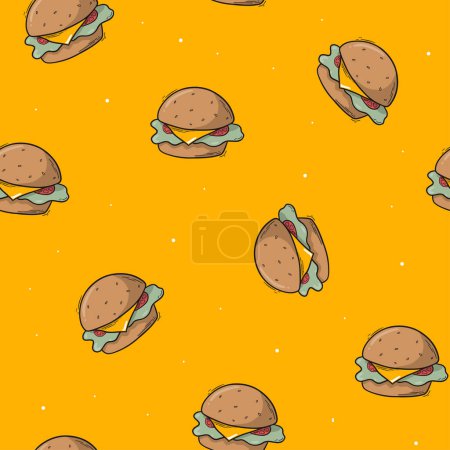 Foto de Hamburgers seamless pattern with doodles on yellow background. Wallpaper, wrapping paper, scrapbooking, packaging, textile print design. EPS 10 - Imagen libre de derechos