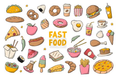 Foto de Set of fast food elements, objects, doodles isolated on white background. Good for planners, stickers, prints, signs, icons, etc. EPS 10 - Imagen libre de derechos