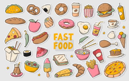 Foto de Set of fast food stikcers, doodles, clip art for planners, prints, cards, menues, etc. EPS 10 - Imagen libre de derechos