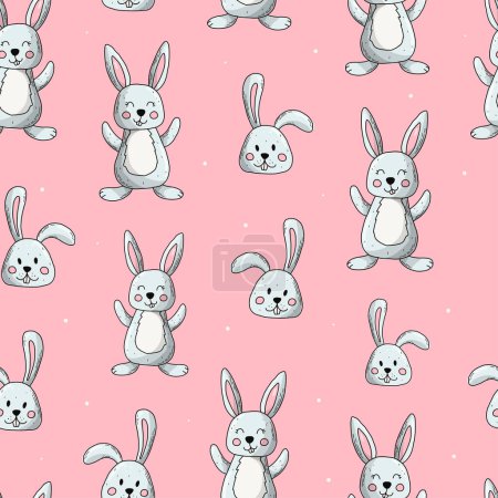 Foto de Easter bunnies seamless pattern. Hand drawn rabbits on pink background for nursery textile prints, posters, wrapping paper, wallpaper, scrapbooking, stationary, etc. EPS 10 - Imagen libre de derechos