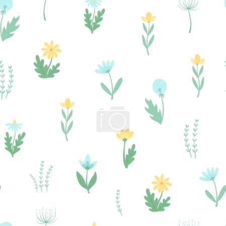 Foto de Seamless floral pattern with blue and yellow wildflowers on white background. Wallpaper, scrapbooking, stationary, textile prints, etc. EPS 10 - Imagen libre de derechos