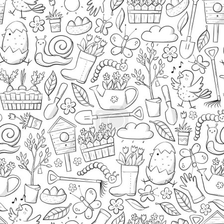 Foto de Spring and Easter monochrome seamless pattern with hand drawn doodles for kids coloring books, prints, wallpaper, wrapping paper, scrapbooking, stationary, activities, etc. EPS 10 - Imagen libre de derechos