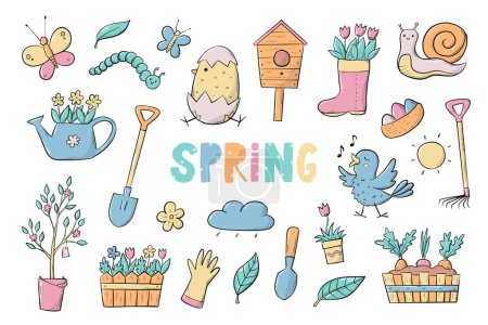 Foto de Pinzas de primavera, garabatos infantiles, pegatinas, estampados, elementos de dibujos animados. EPS 10 - Imagen libre de derechos