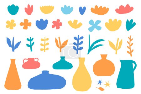 Foto de Conjunto de elementos florales aislados y jarrones para carteles, grabados, tarjetas de felicitación, papel pintado inspirado en Matisse y arte floral de la pared. Cortar flores, hojas y jarrones aislados sobre fondo blanco. EPS 10 - Imagen libre de derechos