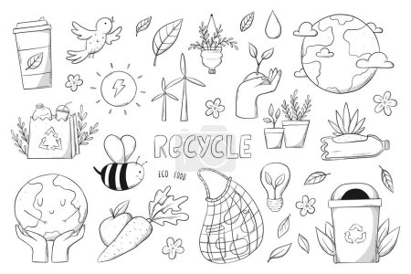 Foto de Set de garabatos del medio ambiente, elementos de dibujos animados de sostenibilidad ecológica, página para colorear para niños. Ilustración de cero residuos para pegatinas, impresiones, tarjetas, clip art. EPS 10 - Imagen libre de derechos