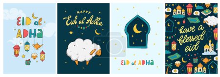 Foto de Conjunto de 4 tarjetas de felicitación islámicas, carteles, impresiones, pancartas para eid al adha deocrated con citas y garabatos de letras. EPS 10 - Imagen libre de derechos