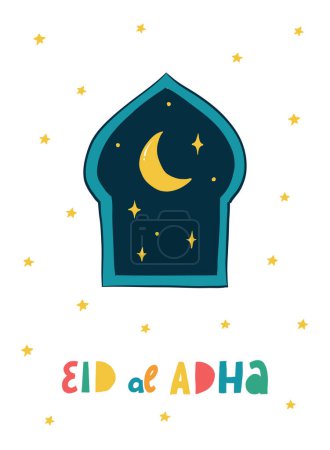 Foto de Linda tarjeta de felicitación, póster, impresión, pancarta decorada con letra cita Eid al Adha y ventana dibujada a mano con luna y estrellas. EPS 10 - Imagen libre de derechos