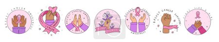 Foto de Conjunto de emblemas de conciencia de cáncer de mama, pegatinas, garabatos, impresiones, tarjetas, iconos, logotipos, etc decorado con cintas de color rosa y citas de letras. EPS 10 - Imagen libre de derechos