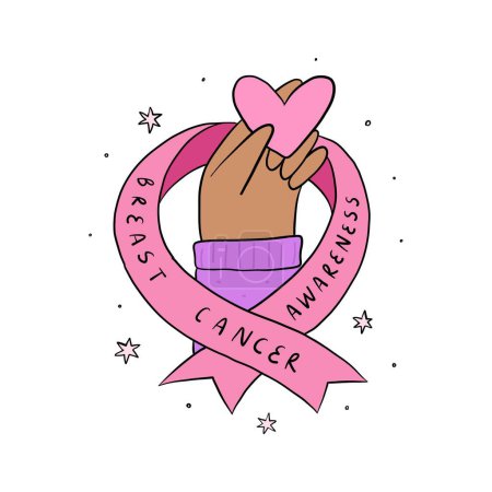 Foto de Conciencia del cáncer de mama garabato, emblema, pegatina decorada con cinta rosa, frase de letras y corazón de la mano celebración. EPS 10 - Imagen libre de derechos