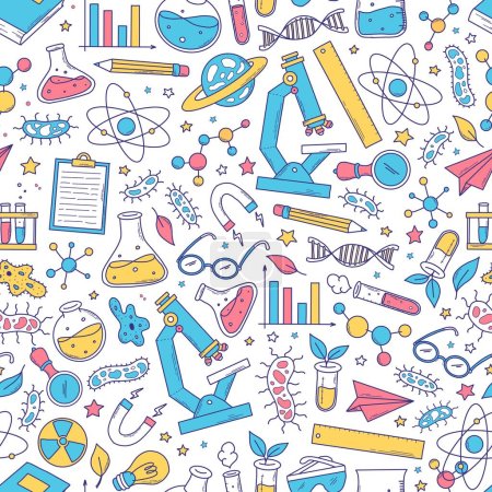 science seamless pattern with doodles, cartoon elements, supplies on white background for wallpaper, wrapping paper, stationary, prints, scrapbooking, etc. Back to school theme. EPS 10