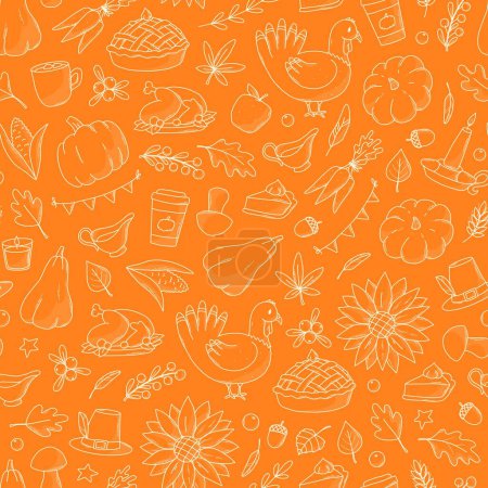 Foto de Patrón inconsútil monocromo de acción de gracias y otoño con garabatos sobre fondo naranja para papel pintado, impresiones, papel de envolver, textiles, etc. EPS 10 - Imagen libre de derechos