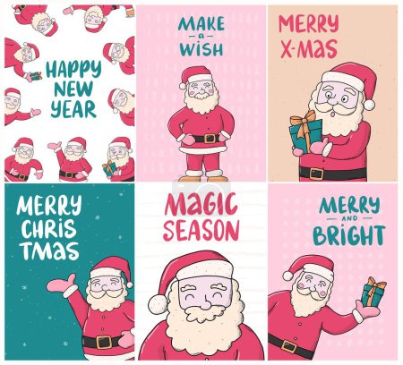 Foto de Tarjetas de Navidad, carteles, impresiones, papel pintado con lindas Santa Claus dibujadas a mano y citas de letras. EPS 10 - Imagen libre de derechos