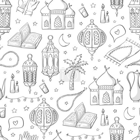 Foto de Ramadán patrón monocromo sin costuras con garabatos, elementos de dibujos animados para papel de envolver, páginas para colorear, embalaje, papel pintado, impresiones textiles, etc. EPS 10 - Imagen libre de derechos