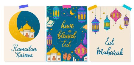 Foto de Conjunto de tarjetas Ramadán, pancartas, carteles, invitaciones decoradas con comillas y garabatos. Tema de fiesta musulmana. EPS 10 - Imagen libre de derechos
