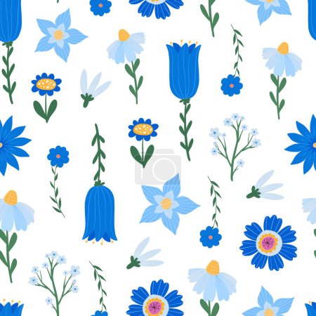 Foto de Patrón inconsútil de flores silvestres azules de primavera, impresión floral de superficie repetida para papel pintado, impresiones textiles, papelería, papel de envolver, empaquetado, etc. EPS 10 - Imagen libre de derechos