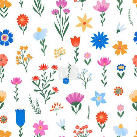 Foto de Patrón inconsútil de flores silvestres de primavera, impresión floral de superficie repetida para papel pintado, impresiones textiles, papelería, papel de envolver, empaquetado, etc. EPS 10 - Imagen libre de derechos