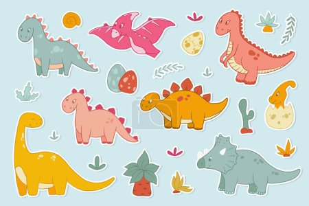 Illustration for Dinosaurs stickers, clip art, cartoon elements for nursery decor, apparel prints, stationary, cards, posters, baby shower invitations, etc. EPS 10 - Royalty Free Image
