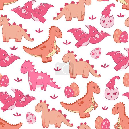 Foto de Patrón sin costuras de dinosaurios rosados con garabatos lindos para papel pintado, estampados textiles, papel de envolver, papelería, scrapbooking, etc. EPS 10 - Imagen libre de derechos