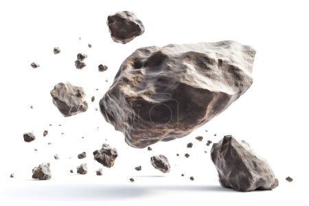 This image depicts a collection of asteroid models suspended against a transparent background, suitable for use in space-themed graphics or educational material about asteroids, space rocks, or celestial bodies.