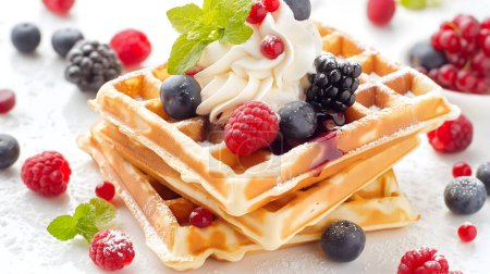 A Close-up of Waffles Topped with Whipped Cream and Mixed Berries