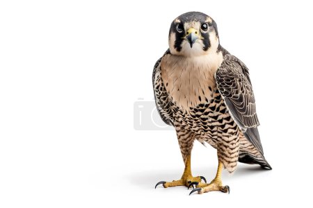 Foto de Retrato detallado de un halcón peregrino con plumaje y características físicas, encaramado sobre un trozo de madera sobre fondo blanco. - Imagen libre de derechos