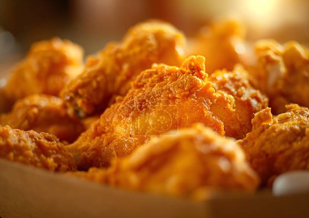 Foto de Una vista de cerca de suculentas palitos de pollo frito servidos con papas fritas doradas. - Imagen libre de derechos