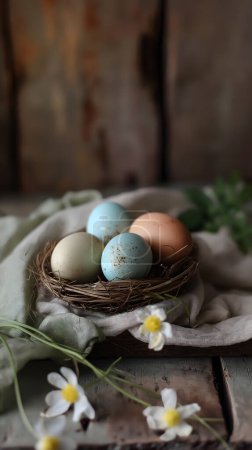 A vibrant display of painted Easter eggs in a rustic nest basket, placed near a sunny window.