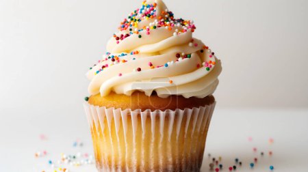 Ein frisch gebackener Cupcake mit cremigem Zuckerguss und einem Hauch von Regenbogenstreuern