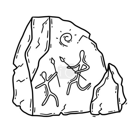 Téléchargez les illustrations : Une pierre avec une peinture rupestre, image des Néandertaliens et des primitifs. Chasseurs avec des lances dans le vecteur de l'âge de pierre icône linéaire dans le style croquis doodle. Art pétroglyphique pariétal - en licence libre de droit