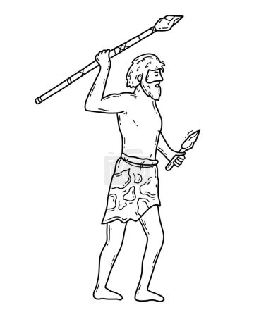Téléchargez les illustrations : Néandertalien, homme des cavernes avec une lance, illustration vectorielle dans le style croquis doodle. Un chasseur primitif de l'âge de pierre avec de la fourrure animale. - en licence libre de droit