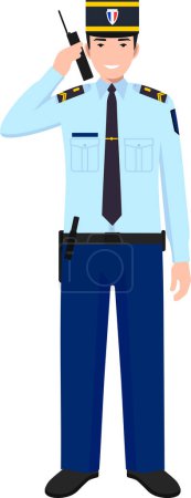 Illustration for Standing French Policeman Gendarme with Walkie-Talkie in Traditional Uniform Character Icon in Flat Style. - Royalty Free Image