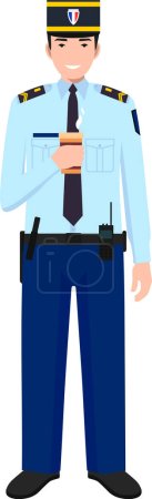 Illustration for Standing French Policeman Gendarme with Cup of Coffee in Traditional Uniform Character Icon in Flat Style. - Royalty Free Image