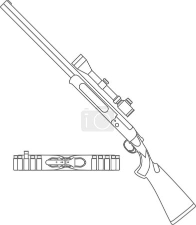 Fusil avec vue optique et ceinture de bandolier de chasse avec cartouches Icône de contour isolé dans un style plat.