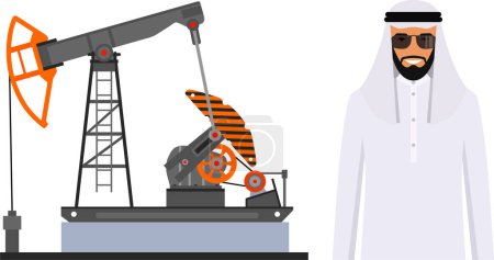 Arab Muslim Businessman in Traditional National Clothes and Oil Pump in Flat Style.