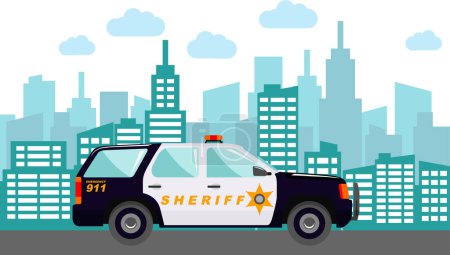 Police Car on Modern Cityscape Background in Flat Style.
