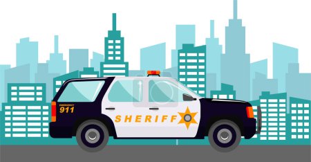 Police Car on Modern Cityscape Background in Flat Style.