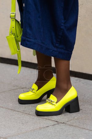 Photo for Paris, France - October, 3, 2022: woman wears green Noella platform loafers, street style details. - Royalty Free Image