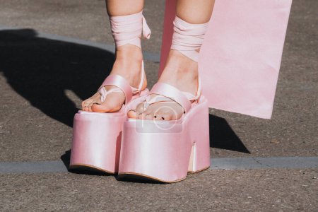 Photo for Milan, Italy - February, 25, 2022: woman wears pink Sportmax high heel sandals, street style details - Royalty Free Image