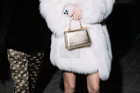 Téléchargez les photos : Paris, France - 24 janvier 2023 : une femme porte un petit sac métallique Devotion Bag de Dolce et Gabbana, accessoires street style - en image libre de droit