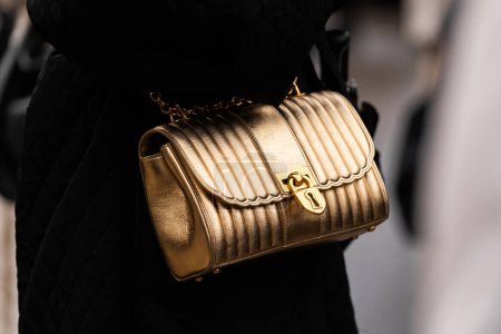 Photo for Paris, France - January, 22, 2024: woman wears Schiaparelli Schiap bag, fashion blogger outfit details, street style - Royalty Free Image