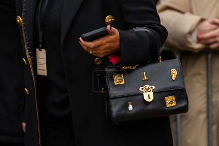 Photo for Paris, France - January, 22, 2024: woman wears Schiaparelli Bijoux bag, fashion blogger outfit details, street style - Royalty Free Image