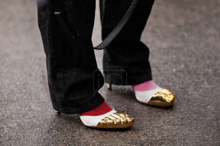 Photo for Paris, France - January, 22, 2024: woman wears Schiaparelli high heels, street style details, fashion outfit detail. - Royalty Free Image